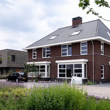 Hoge witte daklijsten in contrast met de donkere steensoort.